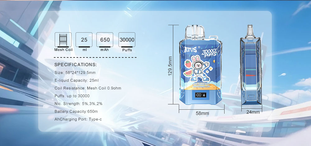 DE017 Caja de 30000 bocanadas de vape desechable con pantalla LED y flujo de aire ajustable ATVS Vape