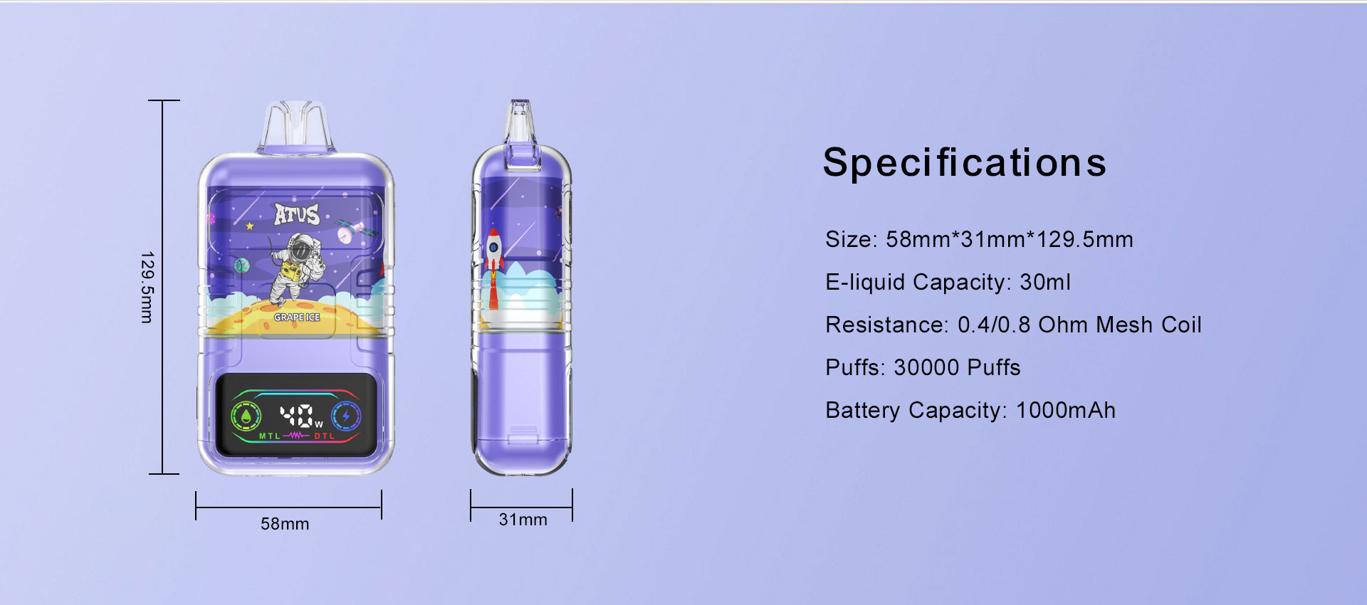 DE021 Vape desechable de 25000 bocanadas con pantalla LED y flujo doble bobina de malla MTL DTL ATVS Vape