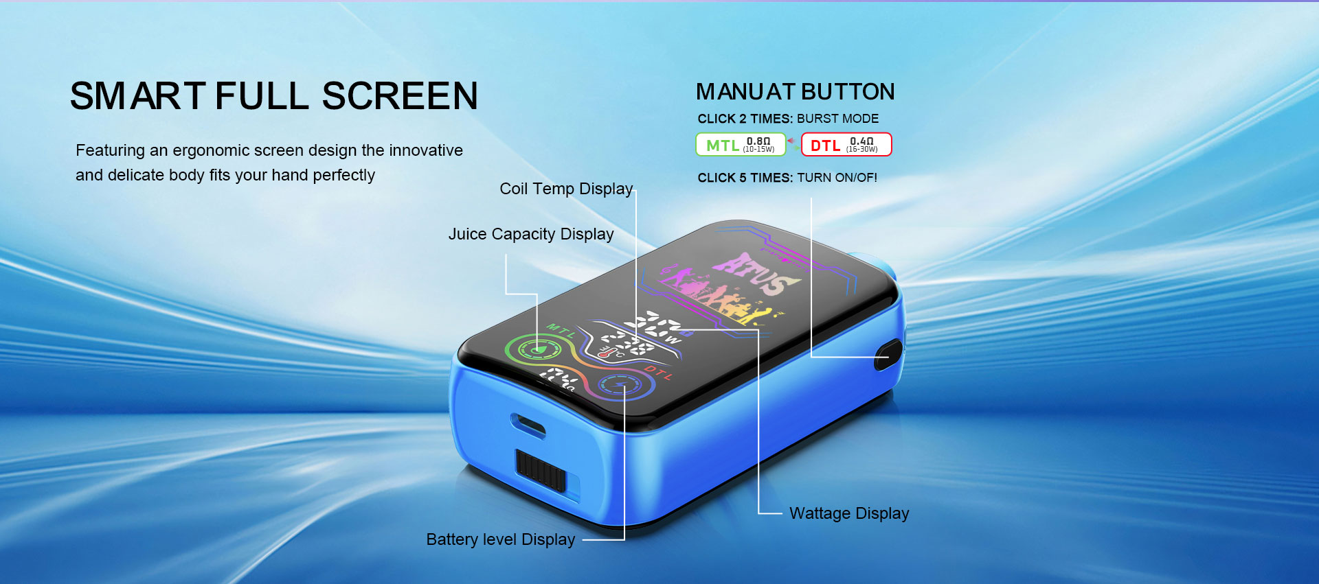 DE022-Vape desechable de 25000 bocanadas de 28 ml con pantalla táctil recargable y flujo de aire ajustable ATVS Vape