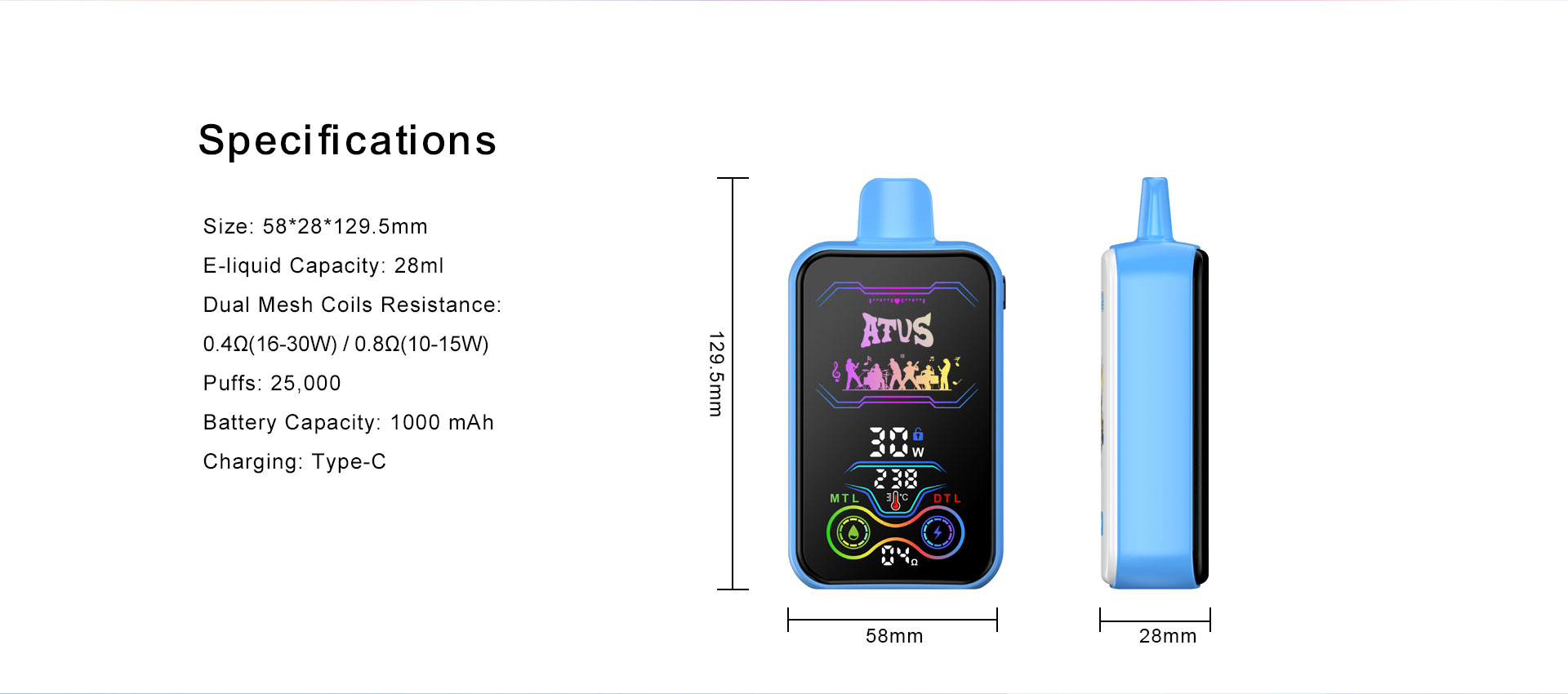 DE022-Vape desechable de 25000 bocanadas de 28 ml con pantalla táctil recargable y flujo de aire ajustable ATVS Vape