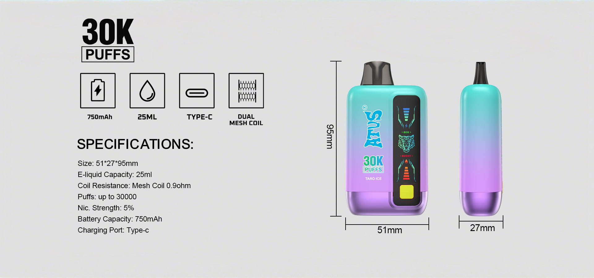 DE026 Vape desechable de 30000 bocanadas con pantalla LED y flujo doble bobina de malla MTL DTL ATVS Vape
