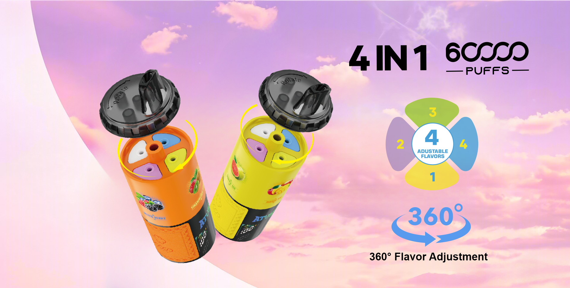 DE030 Vape desechable de 60000 caladas sabores en uno ajustable Cuatro con pantalla inteligente y carga rápida ATVS Vape