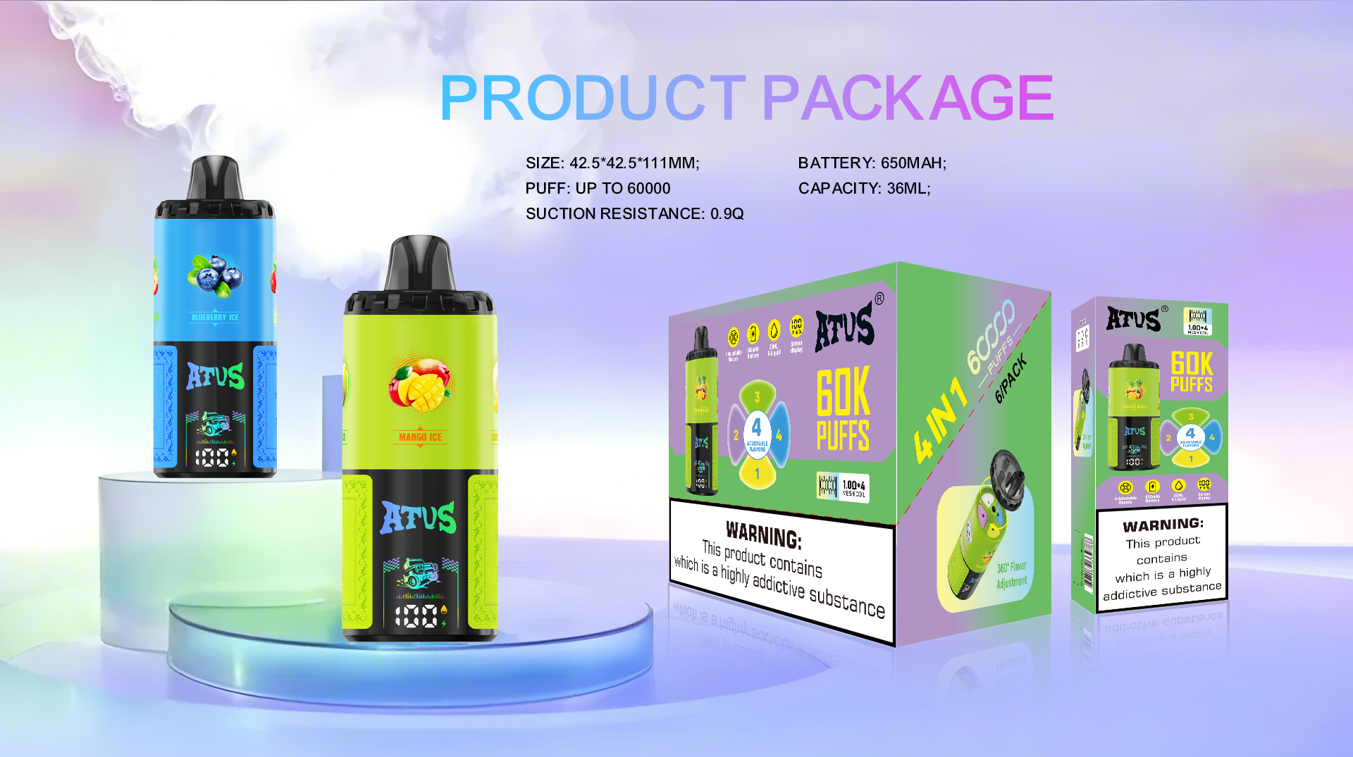 DE030 Vape desechable de 60000 caladas sabores en uno ajustable Cuatro con pantalla inteligente y carga rápida ATVS Vape